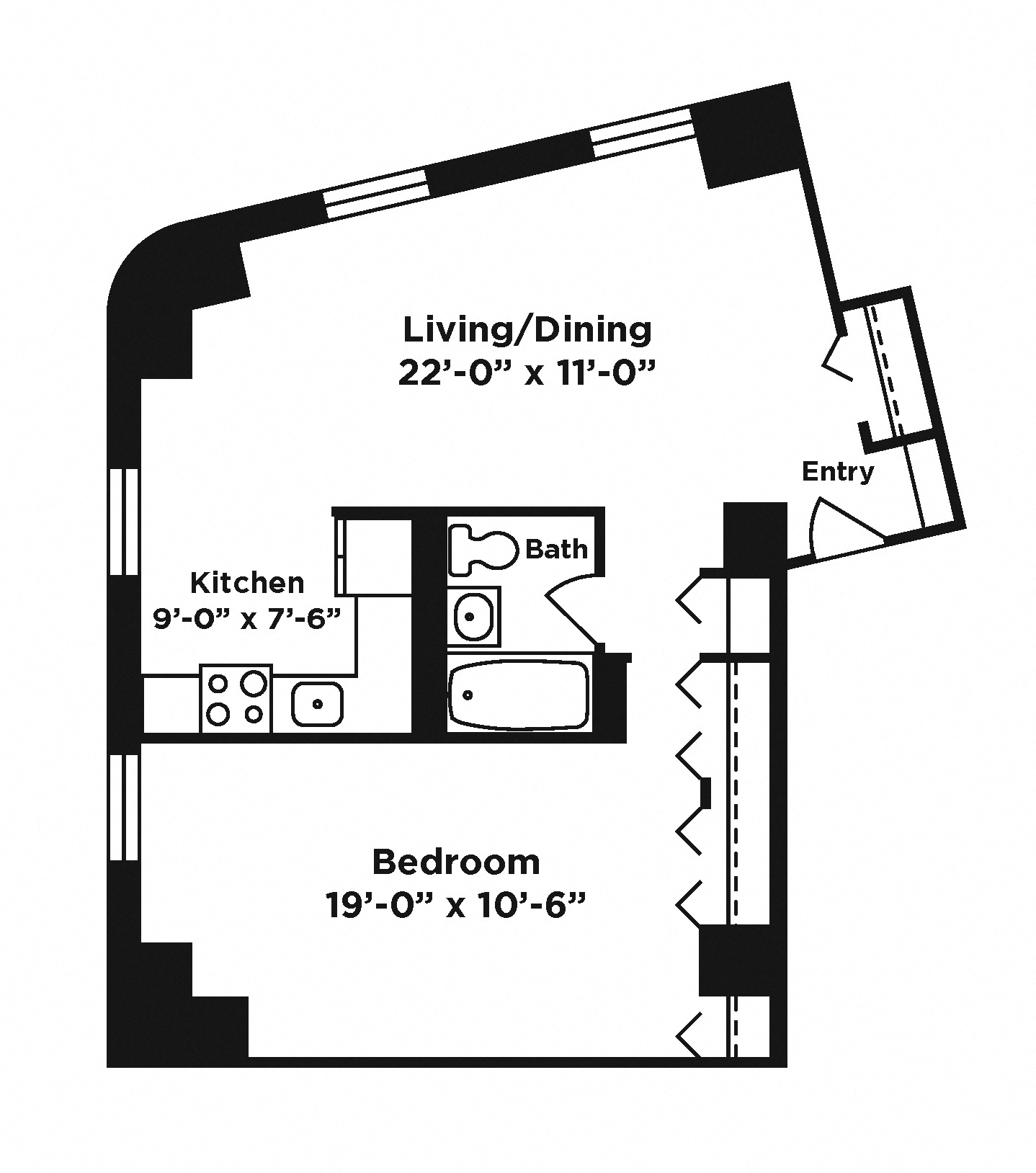 Floor plan for 1 bed, 1 bath, 592 sqft